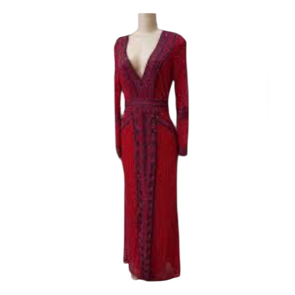 Women's Long Sleeve Gown Fully Beaded Red Black Embelished V Neck Slit Size L